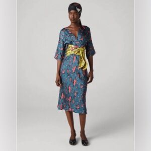 Diane Von Furstenberg Gracie Floral Wrap Dress in Blue and Yellow